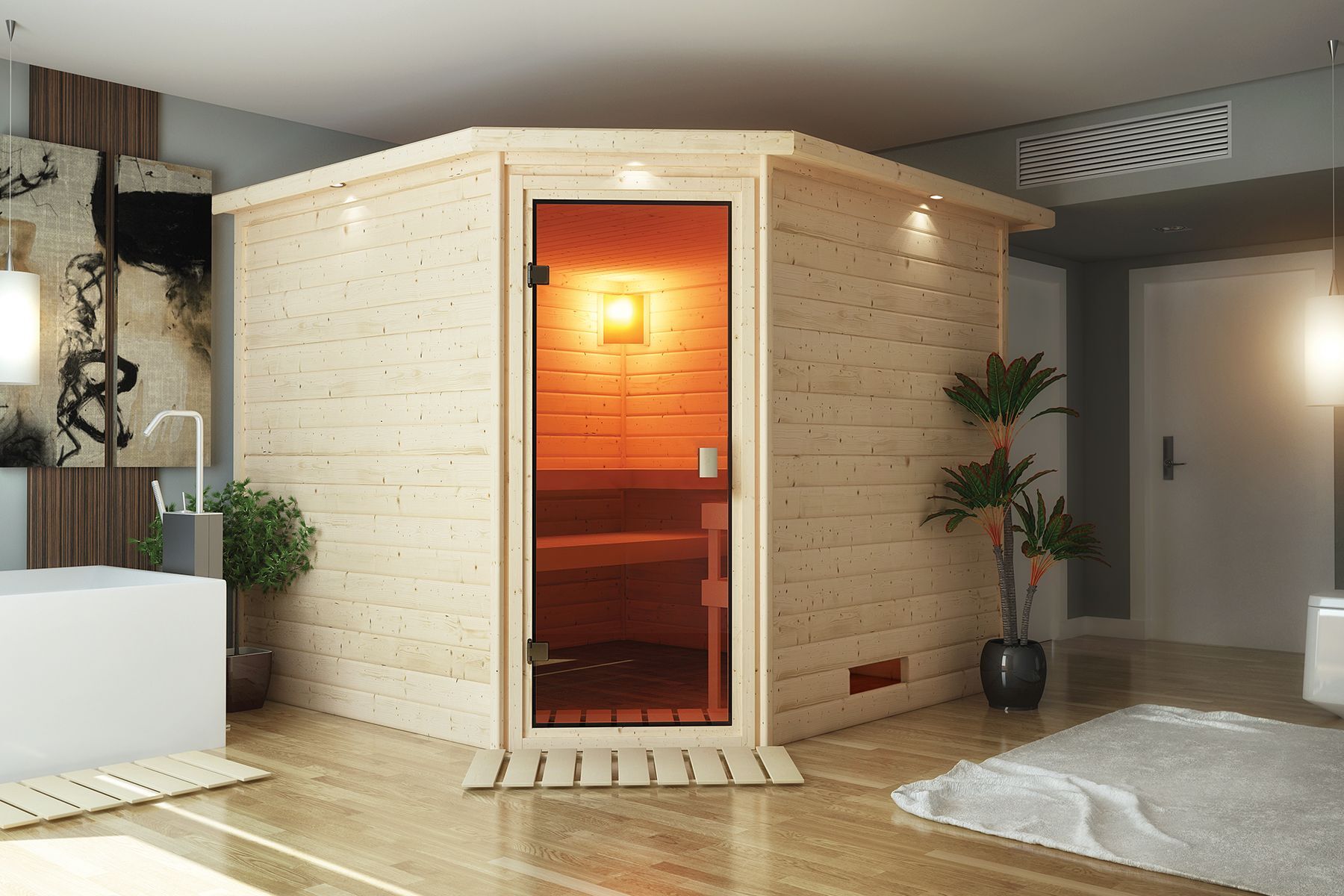 Karibu Massivholzsauna "Sauna Leona" Bio Sauna 6 Personen 9 kW Bio