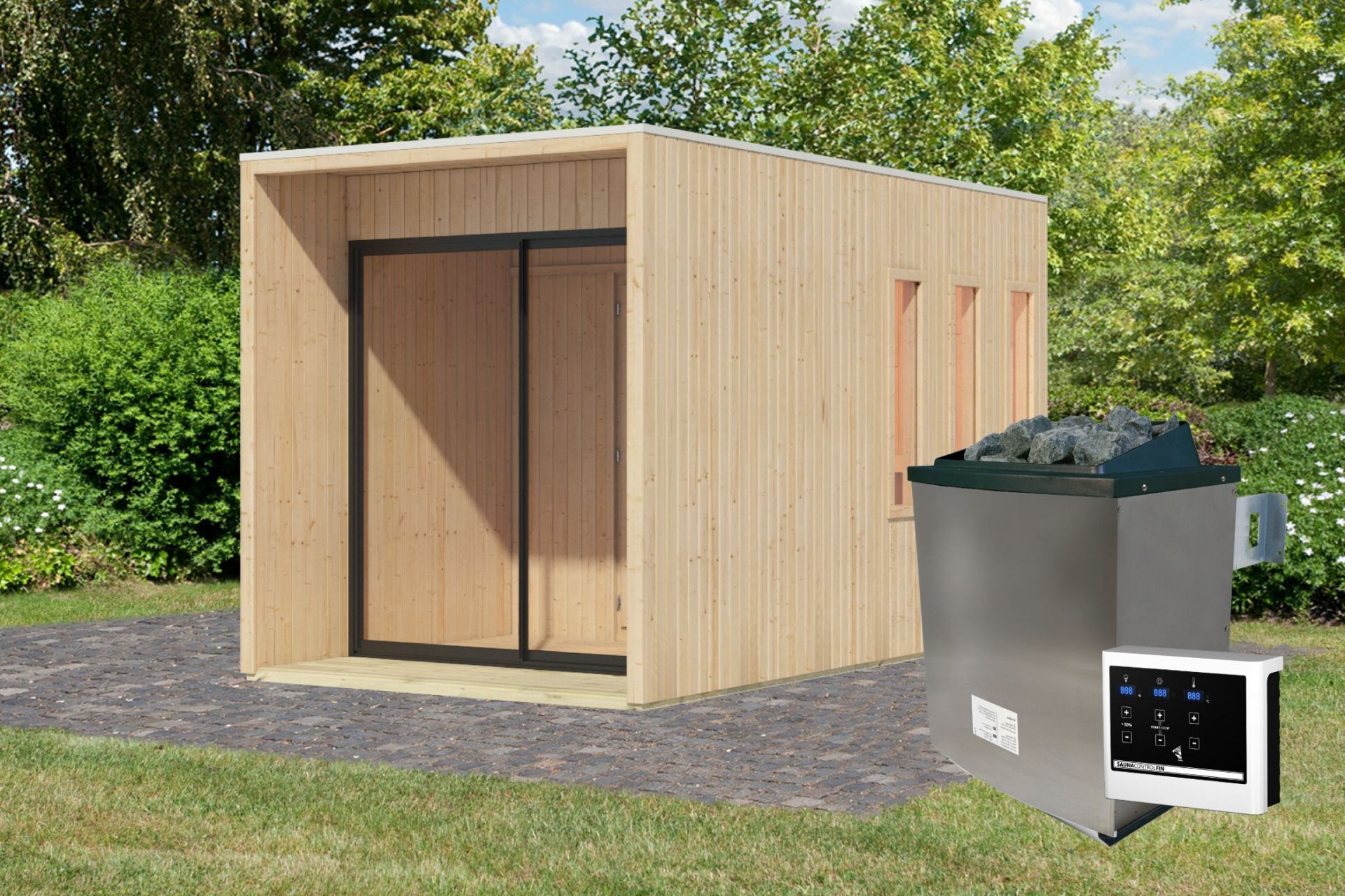 Karibu Gartensauna "Saunahaus Miramar" mit Vorraum 5 Personen Natur 9 ...